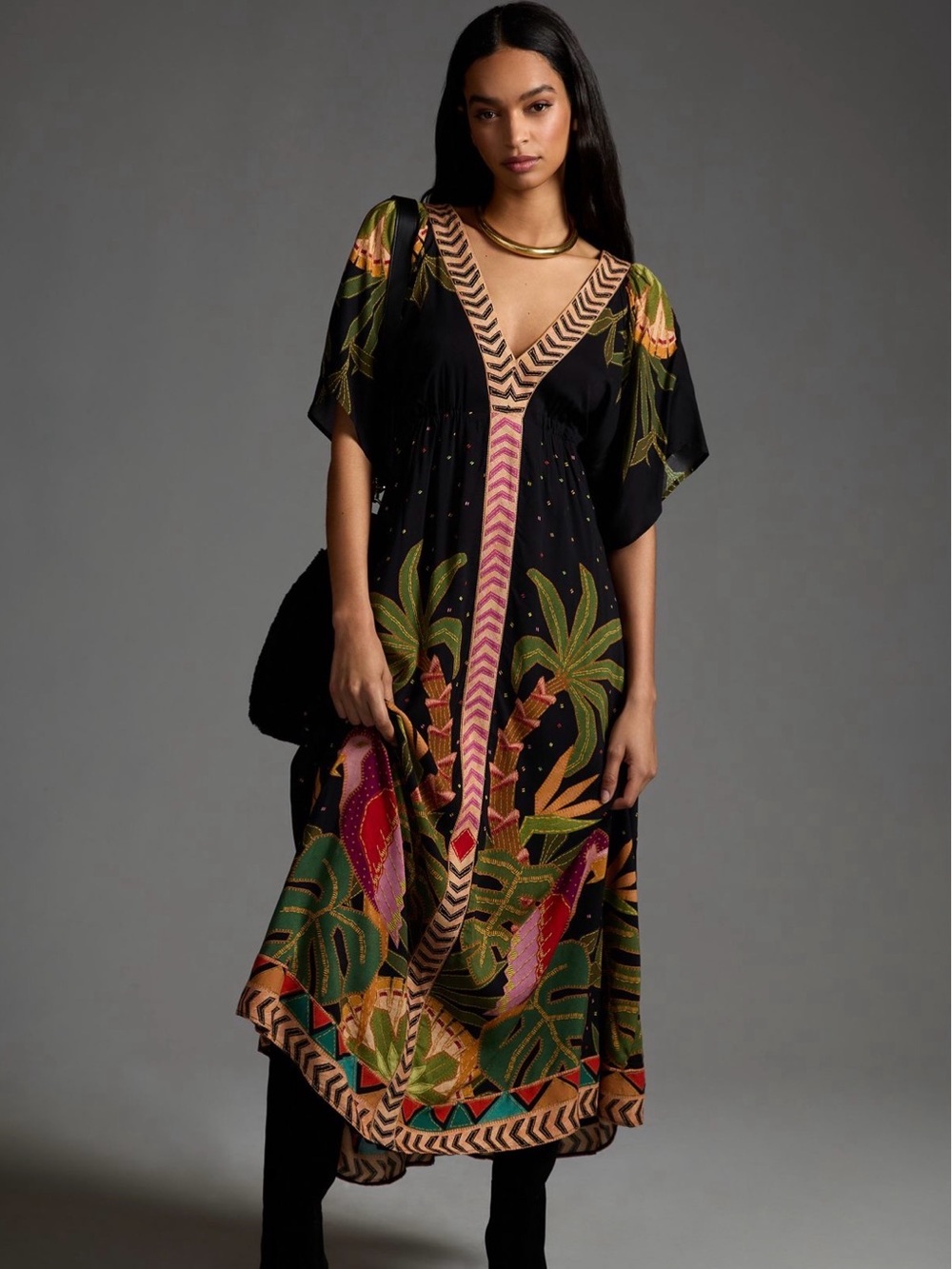 Farm Rio X Anthropologie Floral V-Neck Women's Dress with a tropical feel